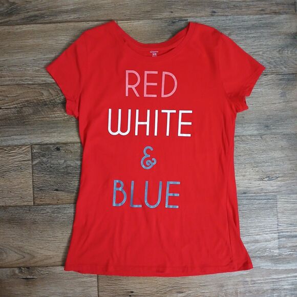 Celebrate Patriotic Women's Red White & Blue Word T-Shirt Top American July 4th - Picture 1 of 5